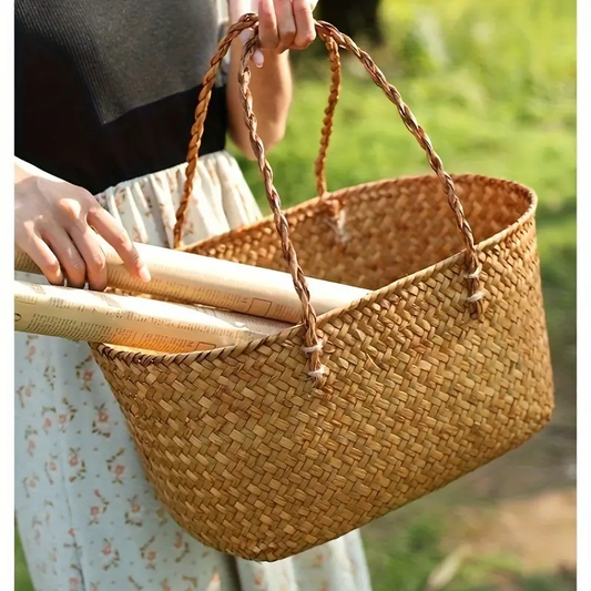 Large Vintage Handmade Woven Straw Shopping Basket - Ideal for Outdoor Picnics And Home Decor, Shelf Baskets