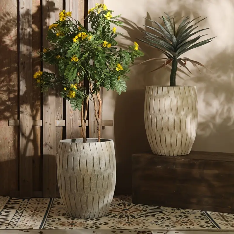 16"H x 14" Dia Handcrafted Magnesium Oxide Planter with Diamond Pattern & Drainage Hole - Lightweight Durable Indoor/Outdoor Garden Pot, Trendy Light Yellow Finish for Large Plants in Home