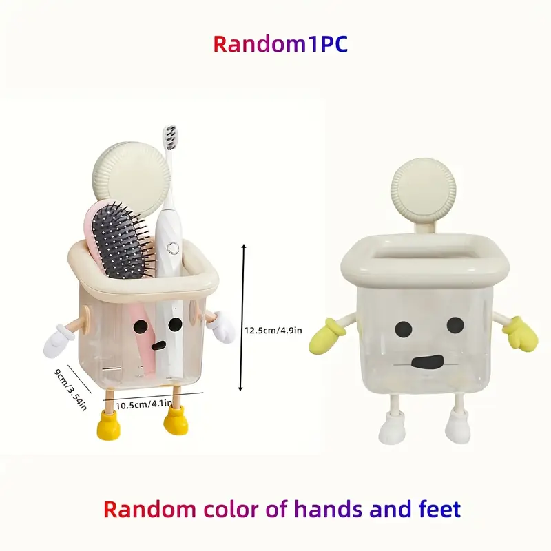 Cute Cartoon 1pc Toothbrush Holder | Wall-Mounted No-Drill Suction Cup Storage Box, Durable Plastic Organizer for Washbasin Accessories, Toothbrush And Toothpaste Holder