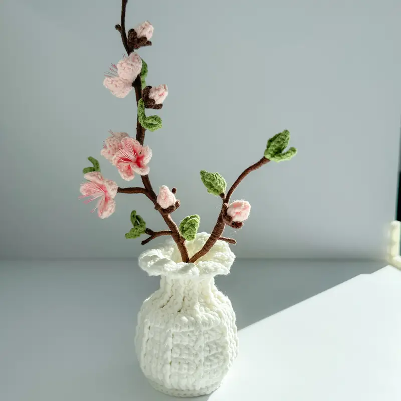 Hand-Crocheted Fabric Peach Blossom Branches Vase, Spring Decor, Living Room Tabletop, Graduation Gift, Easter, Mother'S Day, Juneteenth, National Freedom Day