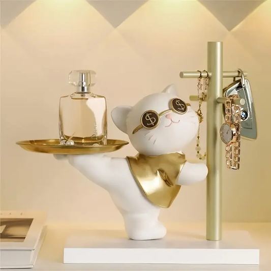 Japanese Lucky Cat Statue with Storage Tray - Entryway, Desk, Living Room Decor - White & Golden Accent Organizer - Keys, Jewelry, Candy Bowl - Durable Resin Home Decoration Gift for Christmas, Housewarming
