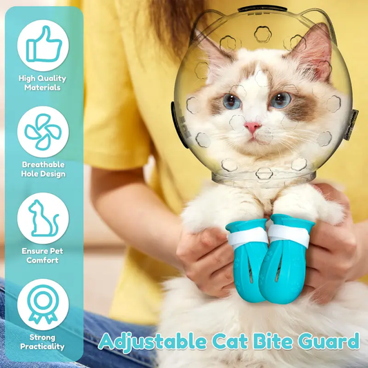 Adjustable Cat Bite Guard with Transparent Helmet Design - Breathable, Comfort-Fit, Silicone Paw Shoes for Grooming, Bathing & Nail Trimming - Reusable Cat Muzzle, Cat Grooming Essentials|Transparent Helmet Design|Durable Plastic Muzzle, Cat Accessories