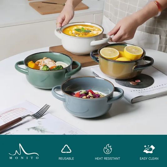 4pcs Color Dopamine Color Matching Ceramic Binaural Bowl, 28oz Super Large Capacity Ceramic Bowl with Handle for Soup, Salad Dessert, Pasta, Lamian Noodles - Suitable for Dishwasher And Microwave Oven, Very Suitable for Kitchen And Household Gifts