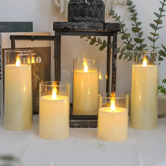 Flameless LED Candles with Remote Timer, Battery-Operated Halloween Room Decor – Pack of 5 (3"×4", 5", 6", 8", 8") Plexiglass Flickering Pillar Candles for Bathroom & Home Decoration