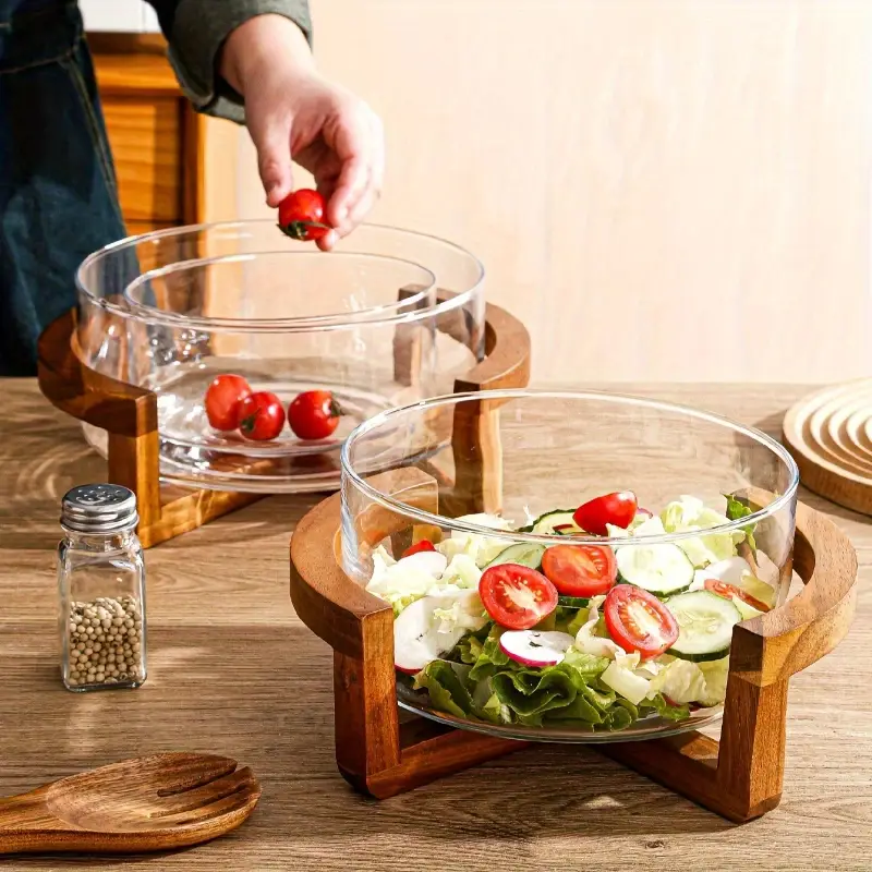 Elegant Glass Fruit Bowl with Bamboo Stand - Round Snack & Salad Serving Dish for Home and Restaurant Use