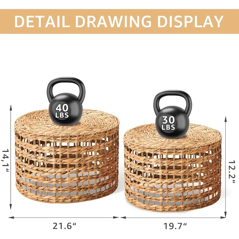 Handwoven Outdoor Side Tables, Set Of 2 Natural Water Hyacinth Outside End Table, Round Coffee Table For Patio, Garden, Backyard, Indoor Outdoor Plant Or End Table