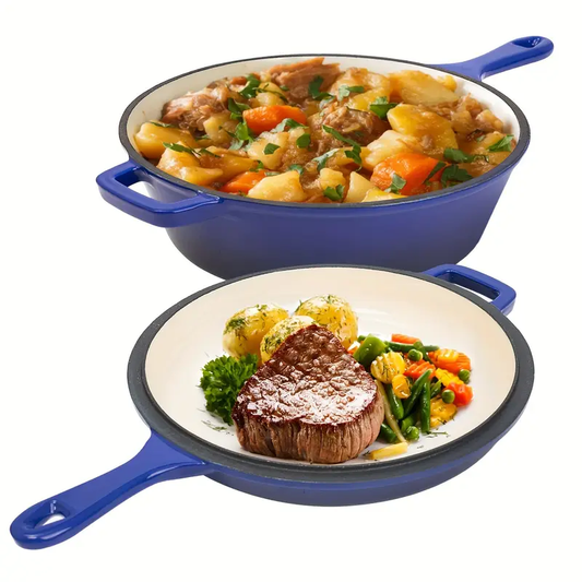 Enameled Cast Iron Skillets, 2-in-1 Cast Iron Dutch Oven Pot With Lid Set, 3QT Dutch Oven + 1.5QT Skillet For Frying, Baking, Stewing, Grilling, Indoor And Outdoor