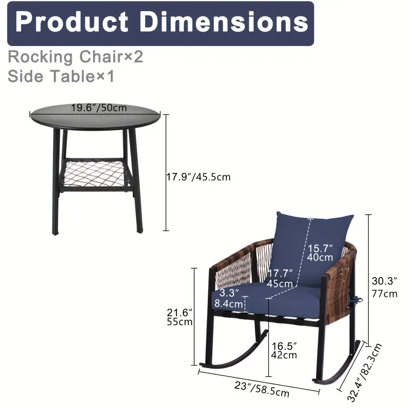 3pcs Patio Furniture Set, All Weather PE Rattan Rocking Chairs Set with Thick Cushions, Outdoor Conversation Set for Porch Backyard Pool