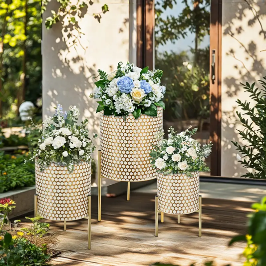 GROWSUN Rust-Proof Metal Flower Stand Set with Pots, Modern Minimalist Home Decor for Balcony, Indoor Living Room, Garden, or Outdoor Patio Areas - Drainage Hole, 3-Tiered, Round Vintage Style, White with Golden Accents, Patio Planter